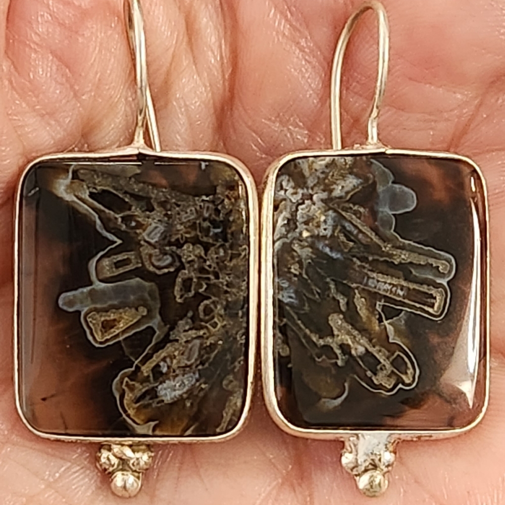 SOLD. Lace Agate Slice Drop Earrings. Appro. 1.5" long. New.